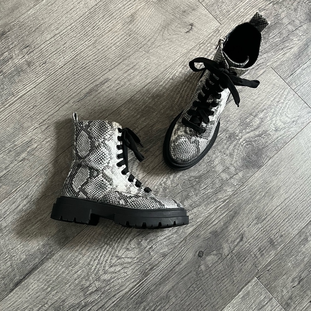 Snake-Print Combat Boots in Black and Cream